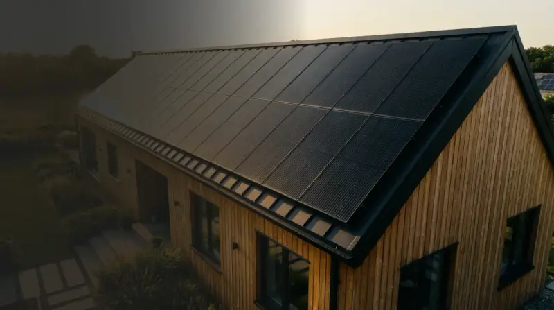Nowoczesny dom z drewnianą elewacją i panele fotowoltaiczne na dachu. To wizualizacja produkcji energii z fotowoltaiki w poszczególnych miesiącach.