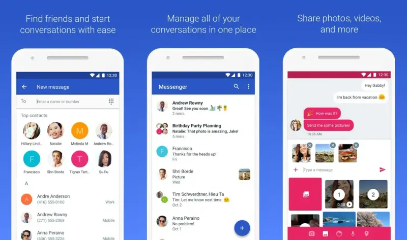 Ekran aplikacji do obsługi wiadomości Google SMS. Widok listy kontaktów, listy konwersacji i okna czatu z możliwością wysyłania zdjęć.