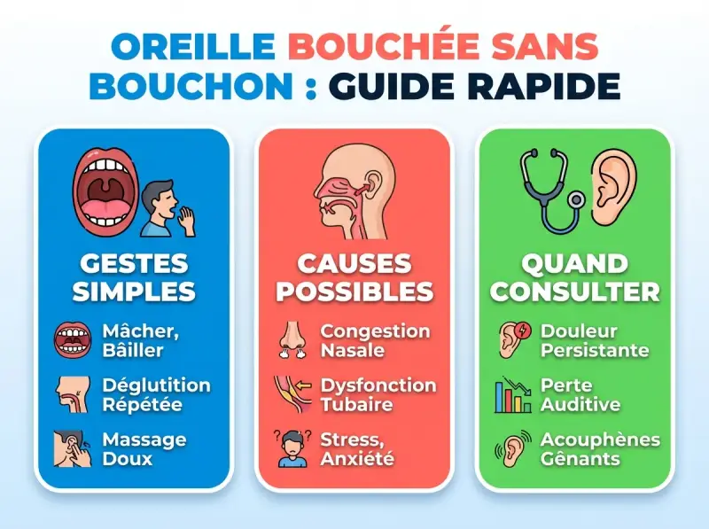 Guide rapide sur l'oreille bouchée : gestes simples, causes possibles (congestion nasale, dysfonction tubaire, stress) et quand consulter (douleur, perte auditive, acouphènes). Évitez le bouchon oreille interne.