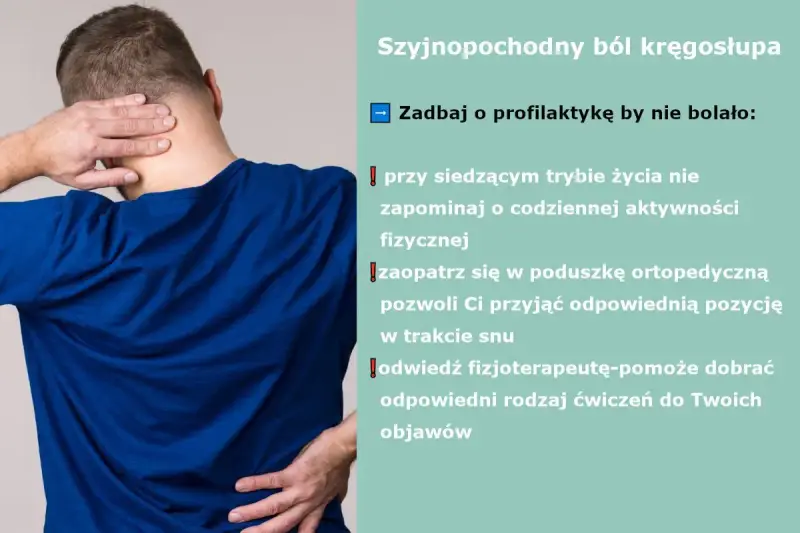Mężczyzna trzyma się za kark i dolną część pleców, sugerując ból kręgosłupa. Tekst informuje o profilaktyce, by uniknąć bólu, który może powodować zawroty głowy od kręgosłupa.