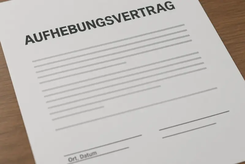 Ein Muster für einen Aufhebungsvertrag, der krankheitsbedingt genutzt werden kann. Das Dokument liegt auf einem Holztisch.