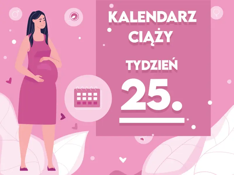 Kobieta w 25 tygodniu ciąży, z brzuszkiem. Obok kalendarz i napis "Kaledarz ciąży tydzień 25".