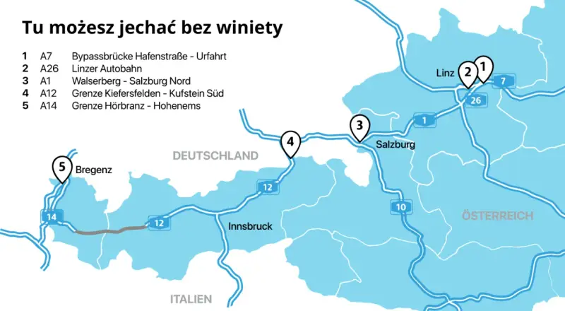 Mapa pokazuje trasy bez winiety w Austrii, w tym tunele i autostrady w okolicach Salzburga i Innsbrucka.