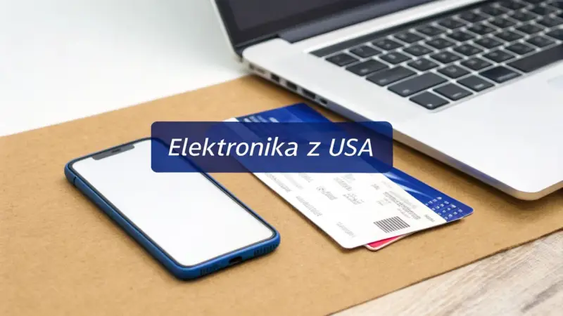 Smartfon, laptop i karty płatnicze na tle tekstu "Elektronika z USA". Zastanawiasz się, co oplaca się kupić w Stanach?