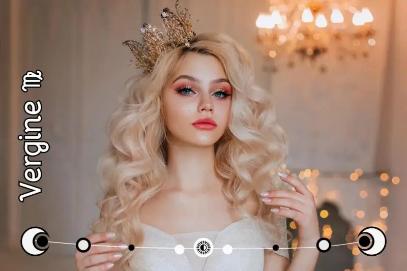 Królowa z koroną, blond włosami i makijażem oczu. Tekst "Vergine" i symbol Panny wskazują na ascendent w Pannie.