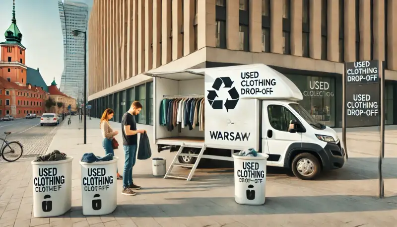 Mobilny punkt zbiórki odzieży w Warszawie. Gdzie oddać ubrania dla bezdomnych? Tutaj! Wóz z wieszakami i pojemniki na odzież czekają.