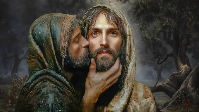 Judasz całuje Jezusa. Scena przypomina o zdradzie, ale też o miłości, jak w psalm 26.