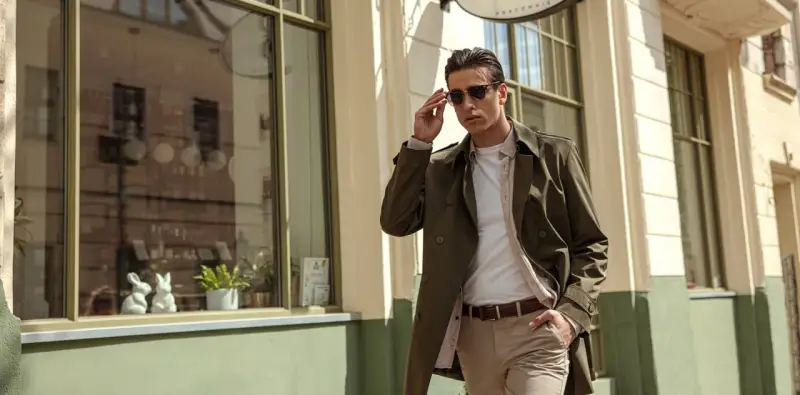 Mężczyzna w eleganckim płaszczu w kolorze khaki, który to kolor jest idealny na wiosenne dni, poprawia okulary przeciwsłoneczne.