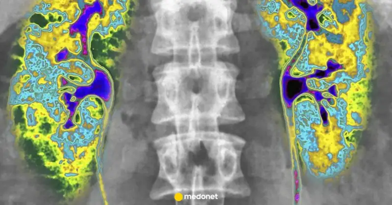Kolorowa scyntygrafia kości pokazuje nerki i kręgosłup. Obraz uwidacznia obszary o różnej aktywności metabolicznej.