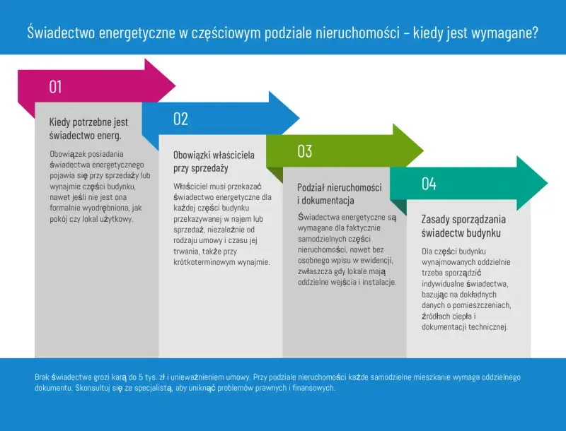 Schemat pokazuje, kiedy wymagane jest świadectwo energetyczne. Czy świadectwo energetyczne online będzie wymagane przy każdej zmianie najemcy? Tak, przy sprzedaży lub wynajmie części budynku.