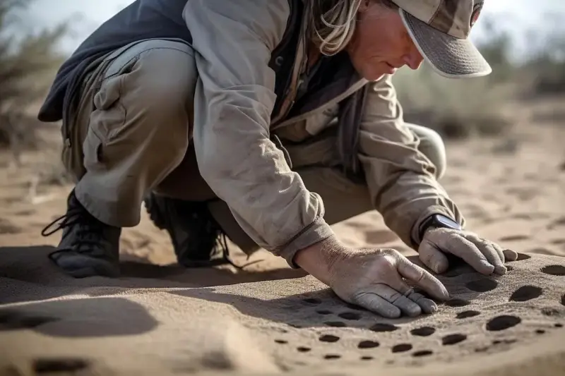 Archeolog w okularach i czapce z daszkiem klęczy na pustyni, badając dłońmi piasek.
