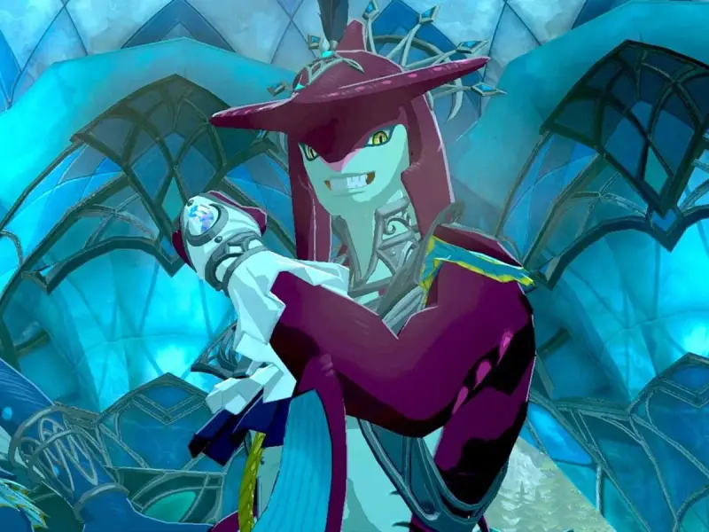 Sidon, el príncipe Zora, sonríe con confianza en la región de los Zora, con su armadura brillante y el fondo azul cristalino.