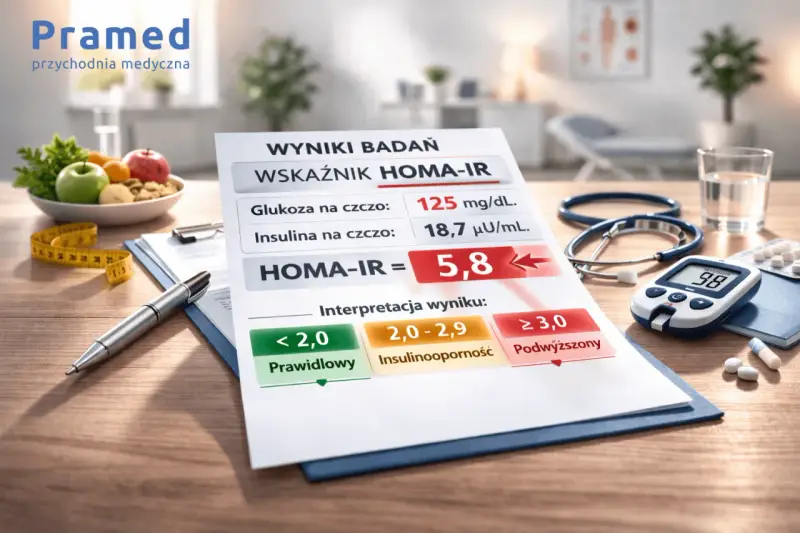 Wyniki badań HOMA-IR wskazują na podwyższony poziom insuliny na czczo, co może świadczyć o insulinooporności.