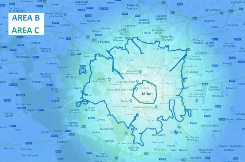 Mappa di Milano e hinterland con evidenziata l'area del blocco euro 5.