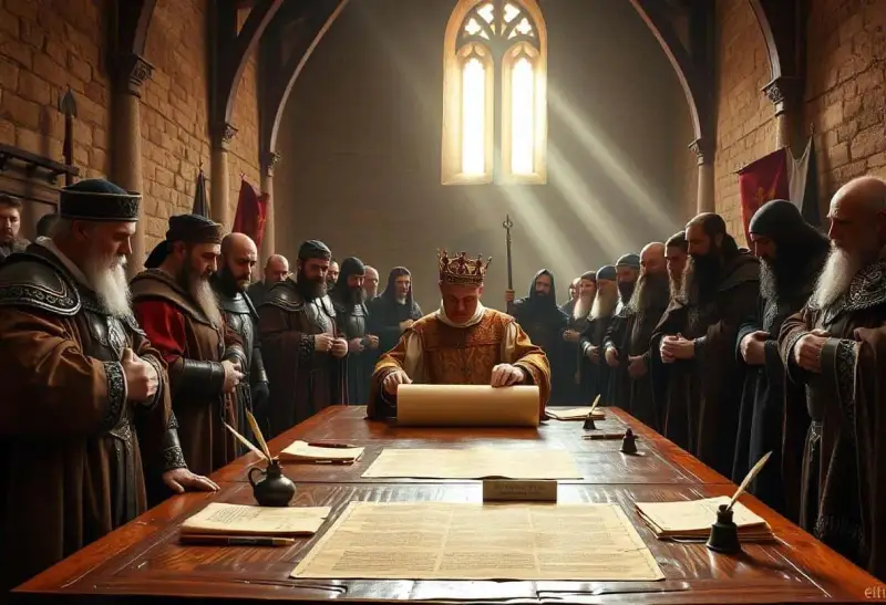 König mit Krone entrollt Schriftrolle, umgeben von Männern in mittelalterlicher Kleidung. Ein historischer Moment, der die magna carta bedeutung symbolisiert.