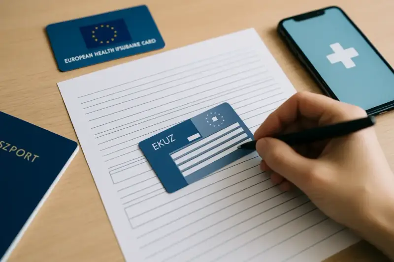 Dłoń z długopisem wypełnia formularz obok karty EKUZ, paszportu i telefonu z symbolem krzyża.