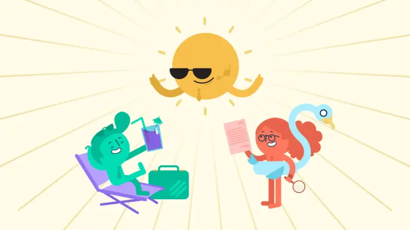 Sonnige **Herbstferien 2026 Niedersachsen**! Ein grüner Charakter entspannt, ein anderer liest, während die Sonne mit Sonnenbrille grüßt.