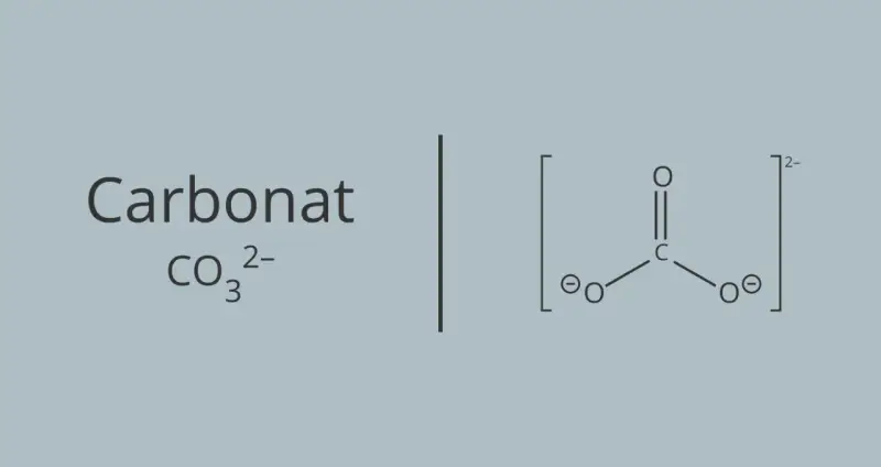 Das **Carbonat**-Ion (CO₃²⁻) mit seiner Lewis-Struktur, die ein zentrales Kohlenstoffatom zeigt, das doppelt an ein Sauerstoffatom und einfach an zwei weitere Sauerstoffatome gebunden ist, die jeweils eine negative Ladung tragen.