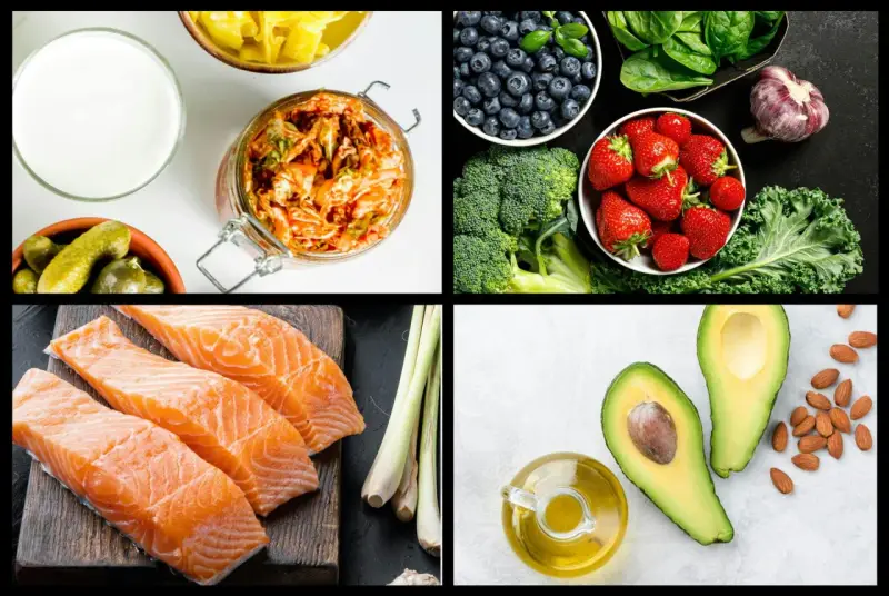 En samling livsmedel som passar för antiinflammatorisk kost: lax, bär, grönsaker, avokado, nötter och fermenterad mat.
