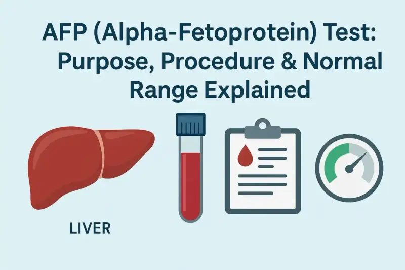 Badanie AFP (Alfa-fetoproteina) to test oceniający wątrobę. Grafika pokazuje wątrobę, probówkę z krwią i wyniki.