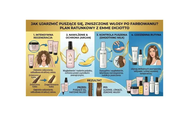 Plan ratunkowy dla zniszczonych włosów po farbowaniu: regeneracja, nawilżenie, kontrola puszenia i codzienna rutyna z produktami Emme Diciotto.