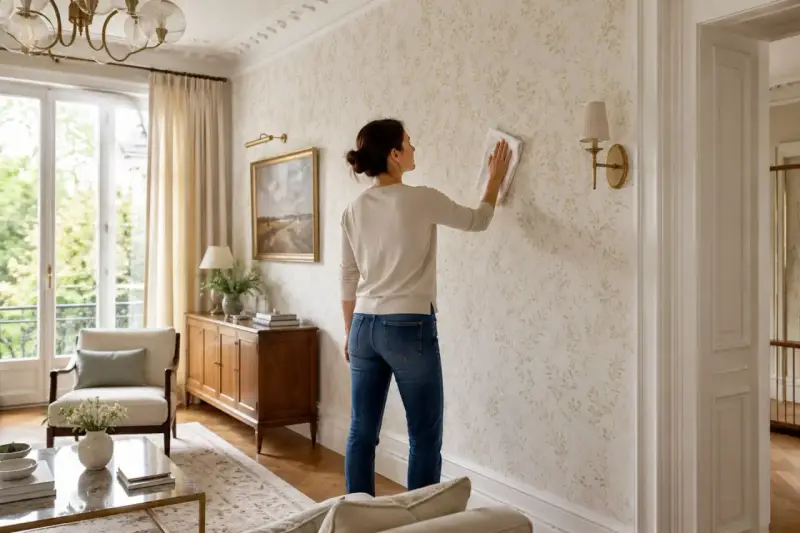 Une femme nettoie un mur avec un papier peint à motifs de feuilles. Elle utilise un chiffon pour peindre sur du papier peint, peut-être pour le rafraîchir.