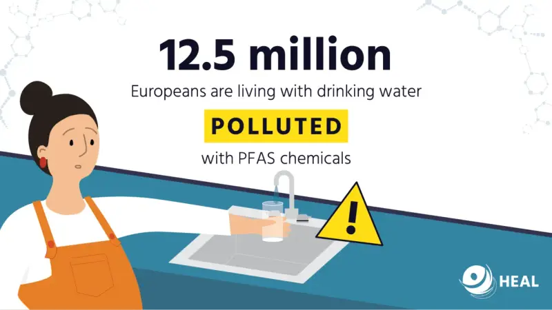 12,5 mln Europejczyków pije wodę zanieczyszczoną chemikaliami PFAS. Znak ostrzegawczy przy kranie symbolizuje zagrożenie.