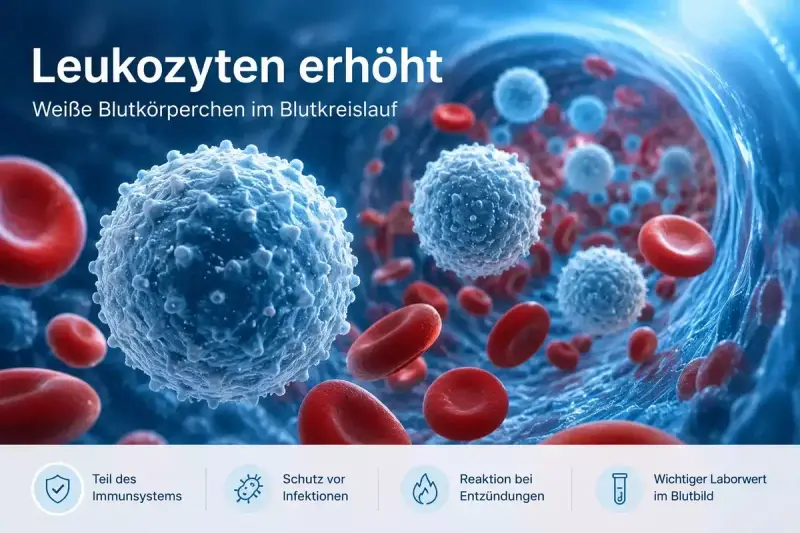 Weiße Blutkörperchen (Leukozyten) im Blutkreislauf, die auf eine erhöhte Anzahl hindeuten. Sie sind Teil des Immunsystems und wichtig für die Reaktion bei Entzündungen.