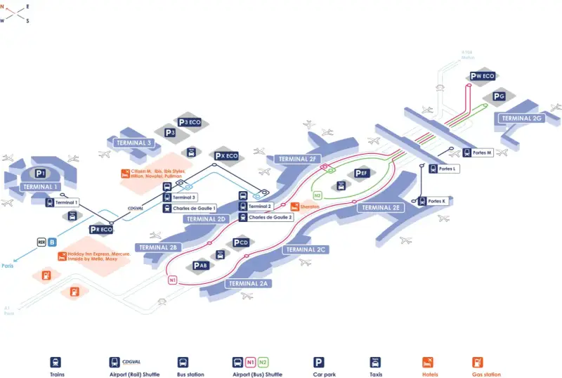 Plan lotnisko Charles de Gaulle: terminale 1, 2A-G, 3, parkingi, hotele, transport publiczny.