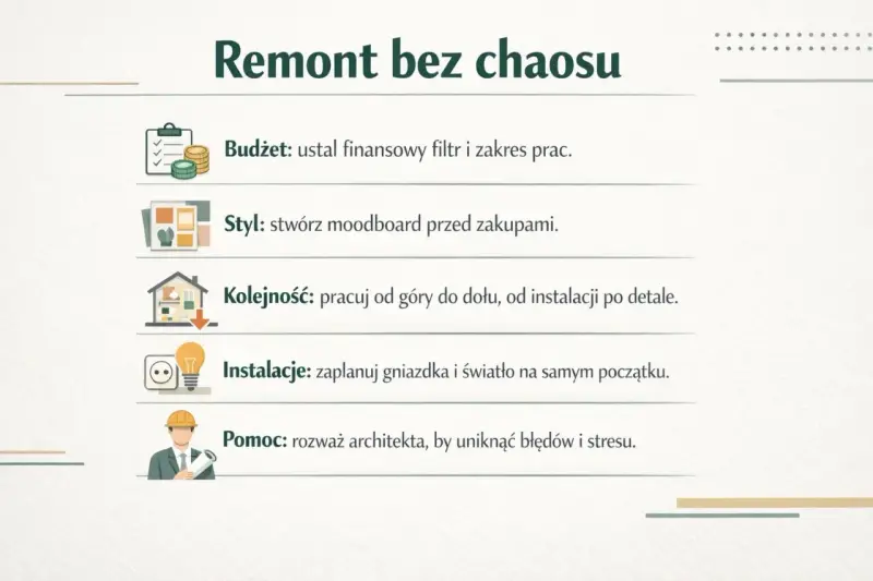 Jak zacząć remont mieszkania? Poradnik: budżet, styl, kolejność prac, instalacje i pomoc architekta.