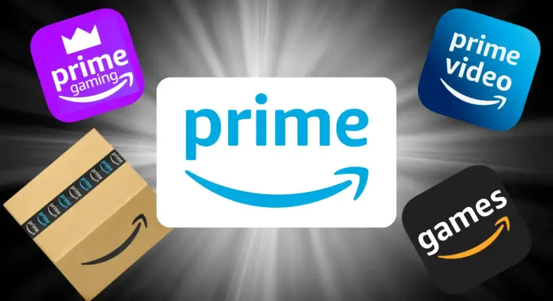 Logo Amazon Prime, Prime Video, Prime Gaming i paczka z taśmą Prime. Sprawdź aktualną prime video cena!