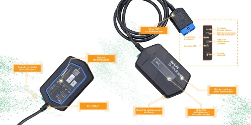 Urządzenie diagnostyczne Delphi Technologies z wtykiem OBD, portem USB-C i wskaźnikami LED.