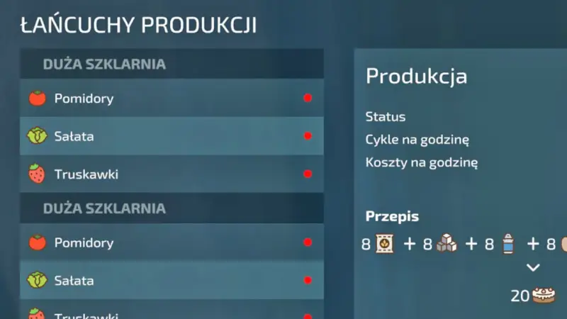 Menu łańcuchy produkcyjne fs22 pokazuje szklarnie z pomidorami, sałatą i truskawkami. Przepis na ciasto wymaga składników.
