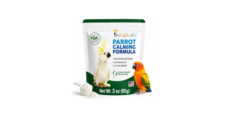 Integratore calmante per pappagalli UnRuffledRx, con formula non sedativa, sicuro per uso quotidiano. Ideale per pappagalli stressati.