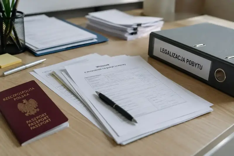 Dokumenty do legalizacji pobytu: polski paszport, wniosek o zezwolenie na pobyt czasowy, długopis i segregator.