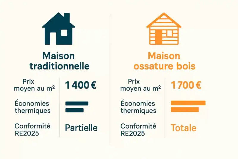 Comparaison : maison traditionnelle (1400€/m², partielle RE2025) vs maison ossature bois (1700€/m², totale RE2025). Le prix de construction maison bois est plus élevé mais offre plus d'avantages.
