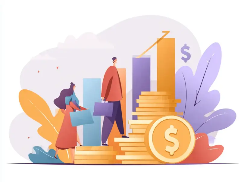 Personas subiendo escaleras de monedas, simbolizando el **autofinanciación de mantenimiento** y el crecimiento financiero.