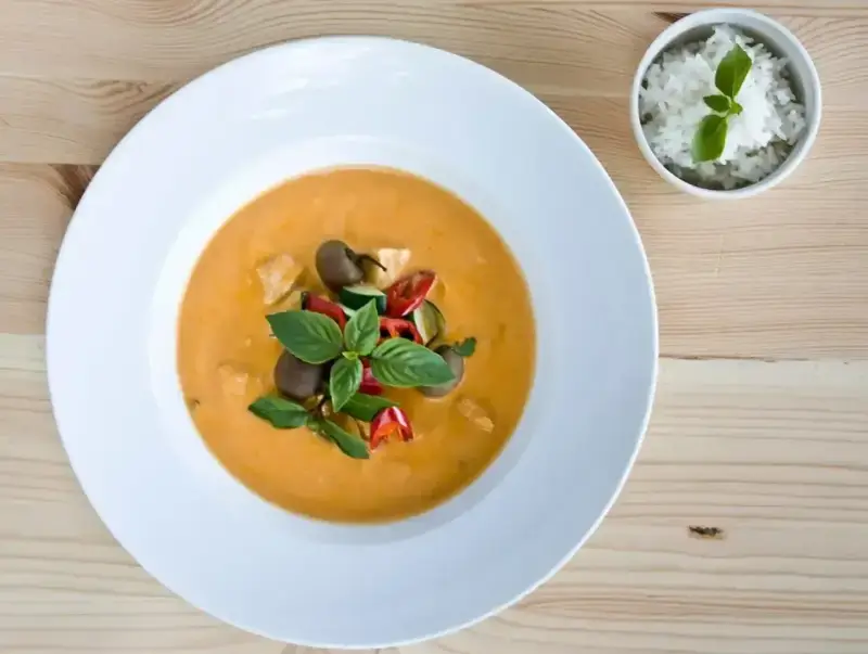 Aksamitny, pomarańczowy **thai red curry** z kawałkami kurczaka, cukinii, pomidorków i bazylii, podany z ryżem.