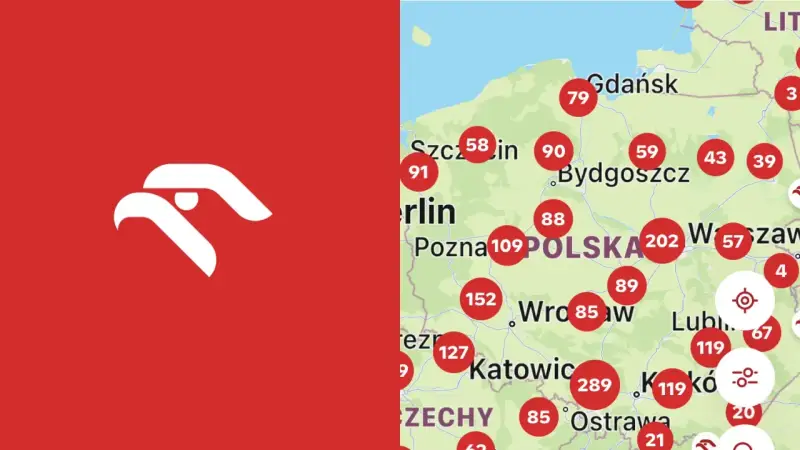 Mapa Polski z zaznaczonymi punktami, gdzie możliwa jest wymiana punktów Vitay na paliwo.