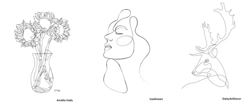 Trois dessins au trait continu : un bouquet de tournesols dans un vase, un profil de femme rêveuse, et une tête de cerf majestueuse. Un cerveau artistique qui capture la beauté avec simplicité.