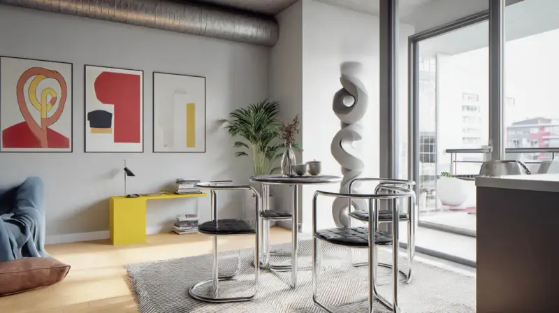 Nowoczesne wnętrze w stylu bauhaus: okrągły stolik z krzesłami, abstrakcyjne obrazy na ścianie i designerska rzeźba.