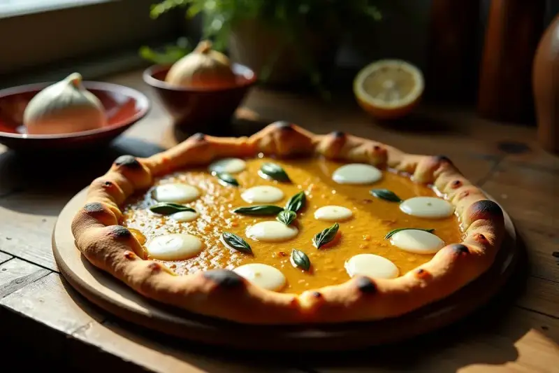 Apetyczna pizza bianca z pomarańczowym sosem, białymi kropkami sera i listkami bazylii, na drewnianym blacie.