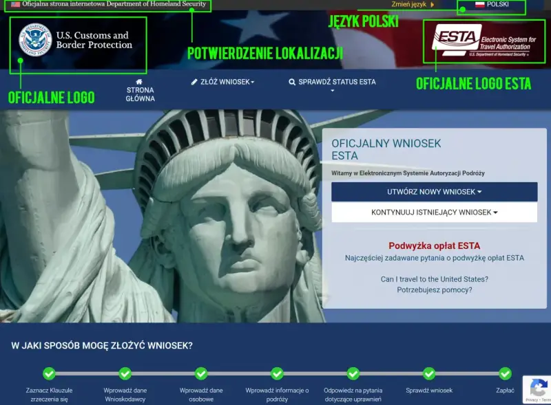 Oficjalna strona ESTA, gdzie można złożyć wniosek bez wiz do USA. Widoczna Statua Wolności.