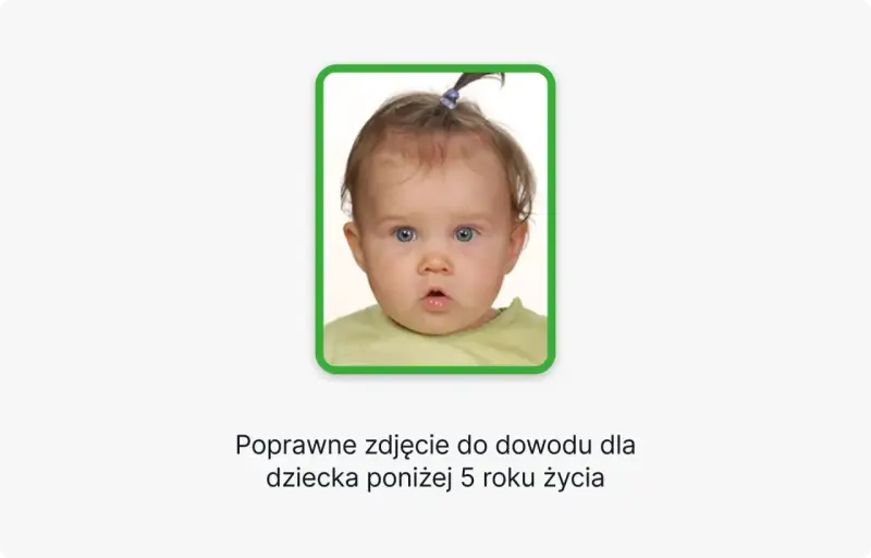 Urocze zdjęcie niemowlaka do dowodu, z niebieskimi oczami i kucykiem. Idealne dla malucha poniżej 5 roku życia.