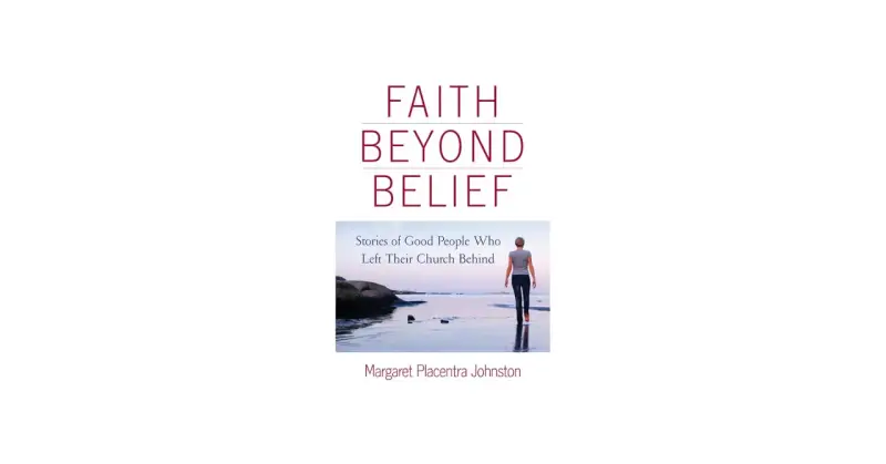 Faith Beyond Belief" book cover. A woman walks away from the viewer towards a serene ocean, symbolizing a personal journey of faith.