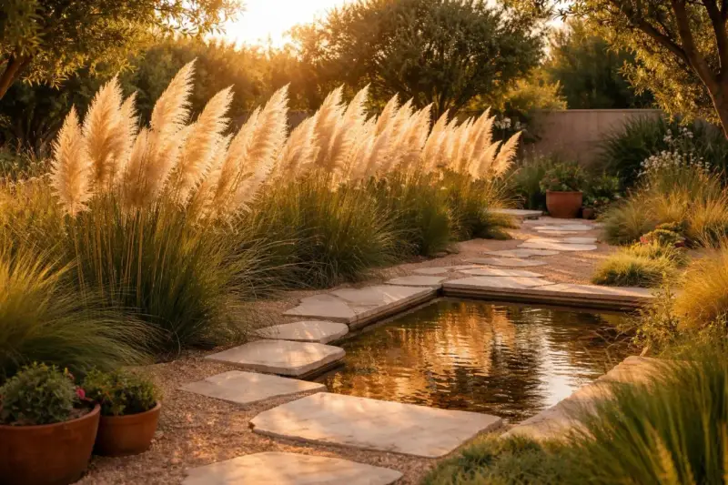 Goldene Abendsonne beleuchtet Pampasgras am Teichrand. Ein Steinpfad führt durch den Garten, der einen perfekten Pampasgras Standort zeigt.