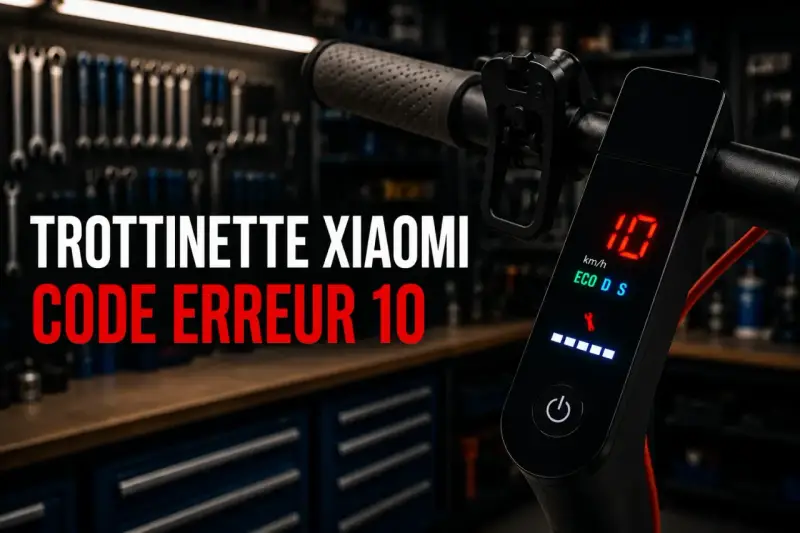 Trottinette Xiaomi avec code erreur E10 affiché sur l'écran. L'atelier de réparation est visible en arrière-plan.