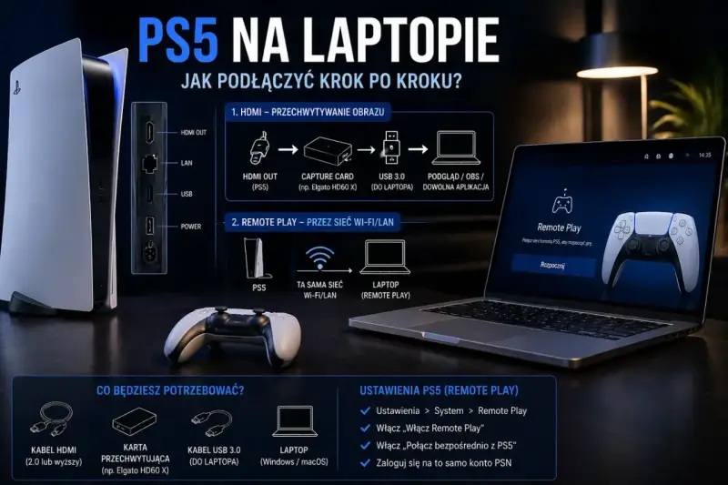 Instrukcja jak grać na laptopie z PS5 przez Remote Play. Pokazano połączenie HDMI i opcję Remote Play przez Wi-Fi/LAN.