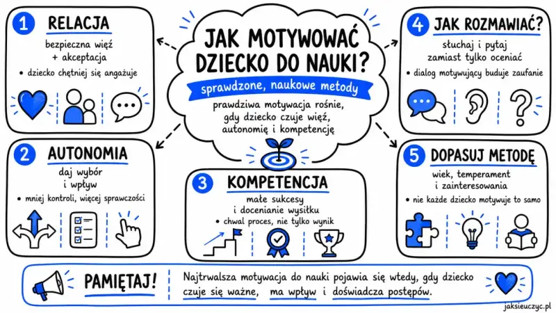 Jak motywować dziecko do nauki? 5 metod: relacja, autonomia, kompetencja, rozmowa, dopasowanie. Prawdziwa motywacja rośnie, gdy dziecko czuje więź, autonomię i kompetencję.