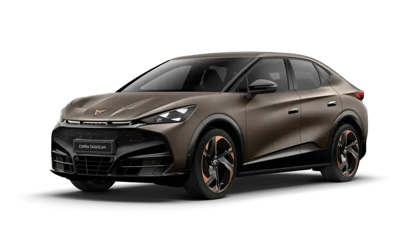 Brązowy Cupra Tavascan z miedzianymi akcentami na felgach i karoserii. Nowoczesny design SUV-a coupe.